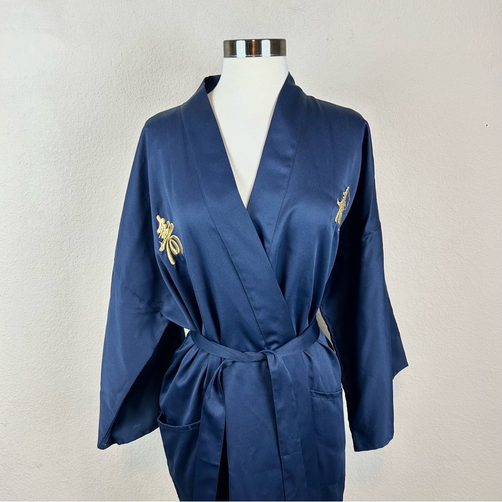 Authentic Japanese Navy Blue Gold Embroidered Kimono Robe - Picture 2 of 14